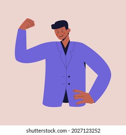 A Black Man In A Business Suit Raised Fist With Confidence. Colorful Flat Vector Illustration On Isolated Background. Eps 10.