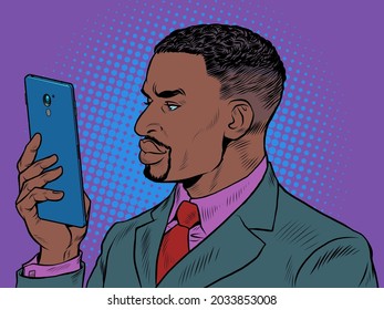 Black man businessman with a smartphone Pop Art Retro