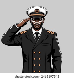 Hombre negro en uniforme de capitán saludando. Ilustración vectorial