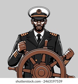 Black man in captain uniform stands at the helm of a ship. Vector illustration