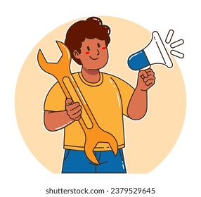 a Black Man carrying a Wrench and megaphone