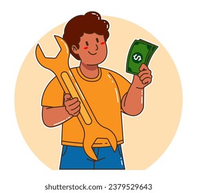 a Black Man carrying a Wrench and money