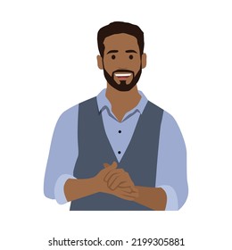 Black man cartoon character keeping arms crossed,. Businessman standing with folded arms pose. Flat vector illustration isolated on white background