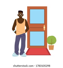 black man cartoon in front of door design, Male person people human social media and portrait theme Vector illustration