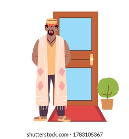caricatura de hombre negro frente al diseño de la puerta, persona masculina, medios sociales humanos y retrato Tema vectorial ilustración