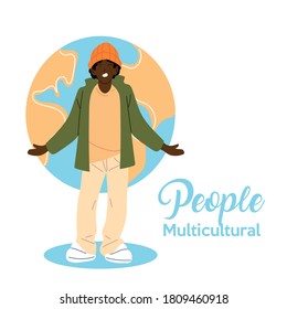 black man cartoon in front of world sphere design, diversity people multicultural friends and multiethnic theme Vector illustration