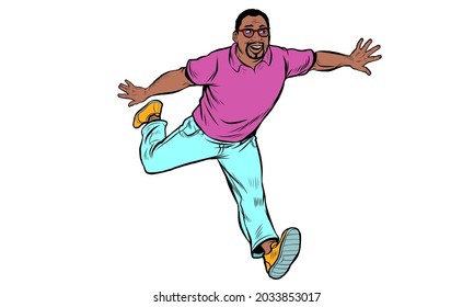 Black man in casual clothes running. Youth and movement. Energetic people