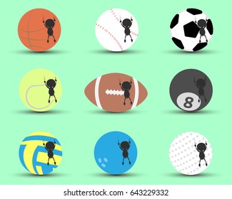 Black man character cartoon hang and clutch sports ball to prevent to falling down with green background. Flat graphic. logo design. sports cartoon. sports balls vector. illustration.
