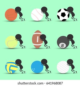 Black man character cartoon push sports ball forward with green background. Flat graphic. logo design. sports cartoon. sports balls .vector. illustration.
