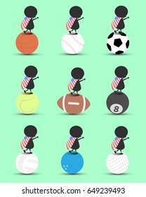 Black man character cartoon stand on sports ball and hands up overhead with wavy United States of America or USA flag and green background. Flat.logo .sports cartoon.sports balls vector. illustration.