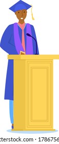 Black man character complete secondary school, graduation student standing get diploma isolated on white, flat vector illustration. Male in graduate hat gown, student deliver speech.