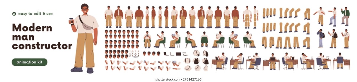 Black man character constructor. Male body parts, elements, animation kit, set with face, arm, leg poses, movements, different positions. Flat vector illustration isolated on white background