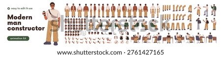 Black man character constructor. Male body parts, elements, animation kit, set with face, arm, leg poses, movements, different positions. Flat vector illustration isolated on white background