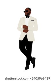 Black man character in formal tuxedo outfit.