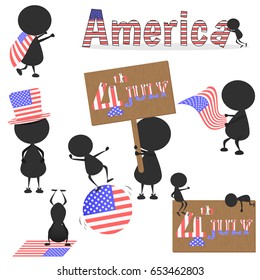 Black Man Character Many Acting With United Stated Of America (USA) Flag For Using About 4th JULY Independence Day. Vector. Illustration. Graphic Design. Fourth Of July. Cartoon.