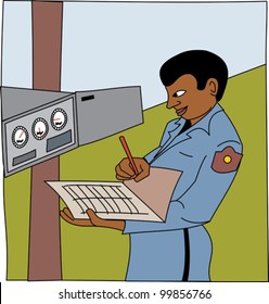 Black man checking meters and writing down readings