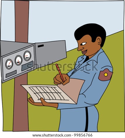 Black man checking meters and writing down readings