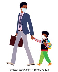 Black man and a child wearing face medical protecting coronavirus masks and walking. Vector