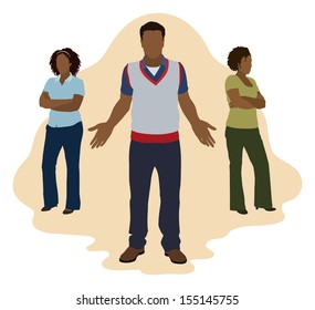 Black man choosing between two women.