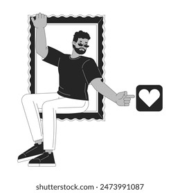 Black man clicking like on social media black and white 2D line cartoon character. African american guy in frame isolated vector outline person. Active user monochromatic flat spot illustration