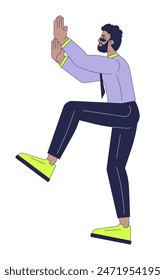 Black man climbing up 2D linear cartoon character. African american male office worker isolated line vector person white background. Aspirations for success color flat spot illustration