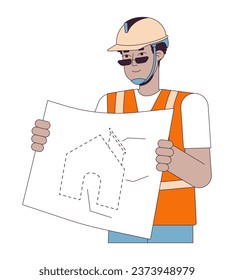 Black man contractor with blueprint 2D linear cartoon character. African american male house builder isolated line vector person white background. New home construction color flat spot illustration
