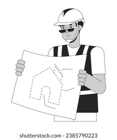 Black man contractor with blueprint black and white 2D line cartoon character. African american male builder isolated vector outline person. New home construction monochromatic flat spot illustration