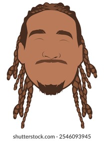 Homem negro com ilustrações de vetor de cornrow. Retrato de cavalheiro desenho animado com penteado único. Elegante preto masculino em dreadlocks penteado. Face de avatar de arte do ventilador com estilo de cornrows. Reggae de cabeleireiro.