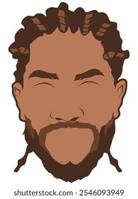 Hombre negro con Ilustraciones vectoriales de maíz. Dibujos animados de retrato de caballero con peinado único. Elegante macho negro con peinado de rastas. Fan art avatar cara con estilo de mazorcas. Reggae de cuidado del cabello.