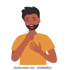 Black Man Coughing Concept Vector Illustration. Sick Person, Ill And Cold, Flu And Virus, Influenza In Flat Design. Guy Sneeze And Cough.