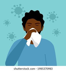 A black man cover his sneeze with handkerchief vector illustration. Sneezing African man with virus around. Covid-19 Coronavirus disease. Season allergy.