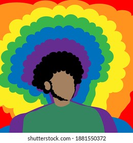 A Black Man With Curly Hair. Silhouette Of A Man In The Colors Of The Lgbt Flag