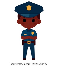 Homem negro, policial bonito, com expressão irritada, ilustração