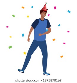 black man dancing with party hat and confetti design, celebration event happy birthday holiday surprise anniversary and decorative theme Vector illustration