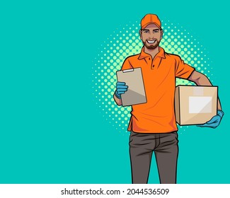 Black Man Delivery Employee Service With Big Box And Clipboard Pop Art Comic Style