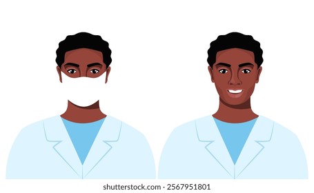 Black Man, doctor or nurse portrait in medical robe, who is wearing face mask, and without face mask. Vector illustration