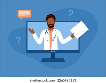 Black man doctor on monitor screen. Medical consultation online. Flat vector illustration