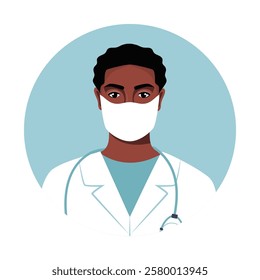 Black man doctor round avatar. Medicine flat avatar with male doctor. Medical clinic team. Round icon medical collection, vector illustration