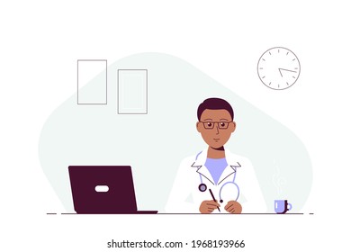 Black Man Doctor Sitting At The Table In The Office. Medicine Concept, Consultation And Diagnosis. Flat Style Illustration On White Background.