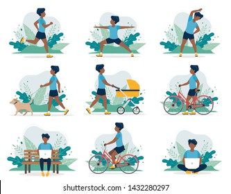 Black man doing different outdoor activities: running, dog walking, yoga, exercising, sport, cycling, walking with baby carriage. Vector illustration in flat style, healthy lifestyle concept.