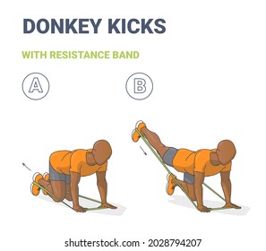 Black Man Doing Donkey Kick Home Workout Exercise with Thin Resistance Band Guidance. Male in Sportswear Do Fitness Exercise with Rubber Loop Equipment.