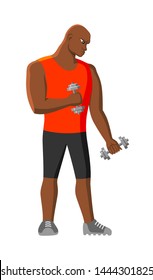 Black man doing his exersizes with dumbbells. Vector image