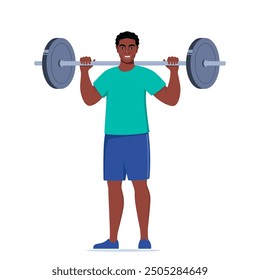 Black man doing Standing barbell shoulder press exercise. Flat vector illustration isolated on white background