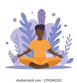 A black man is doing yoga. Vector illustration for meditation centers, yoga in nature, illustration for the application of independent meditation outdoors, online yoga festival. African American