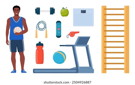 Black Man dressed in sports clothes. Gym sport fitness exercise workout equipment set icons. Treadmill, dumbbells, fitness bracelet, ball, sneakers, jump rope, bottle, whistle, apple. Vector