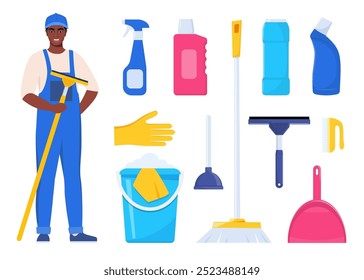 Homem negro vestido de uniforme com raspador de limpeza de vidro. Trabalhador do serviço de limpeza. Balde, colher, escova, pó de lavagem, frasco de spray, esponja, raspador de vidro, luvas de borracha. Vetor