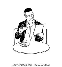 Black man drinking coffee in cafe Business People with tablet Hand drawn Line art illustration