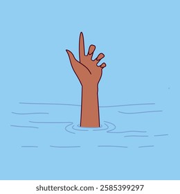 A Black man is drowning, extending his hand above the water as a call for help. The illustration represents danger, struggle, and the importance of assistance, also serving as a metaphor for financial