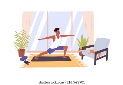 Black man during home workout. Healthy person doing morning exercises. Sports activity, body training, fitness practice of young guy indoors. Flat vector illustration isolated on white background