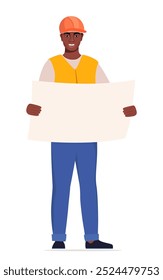 Engenheiro negro. Trabalhador da construção em uniforme e capacete de proteção laranja, segurando desenho em suas mãos. Chefe dos trabalhos de construção. Ilustração vetorial